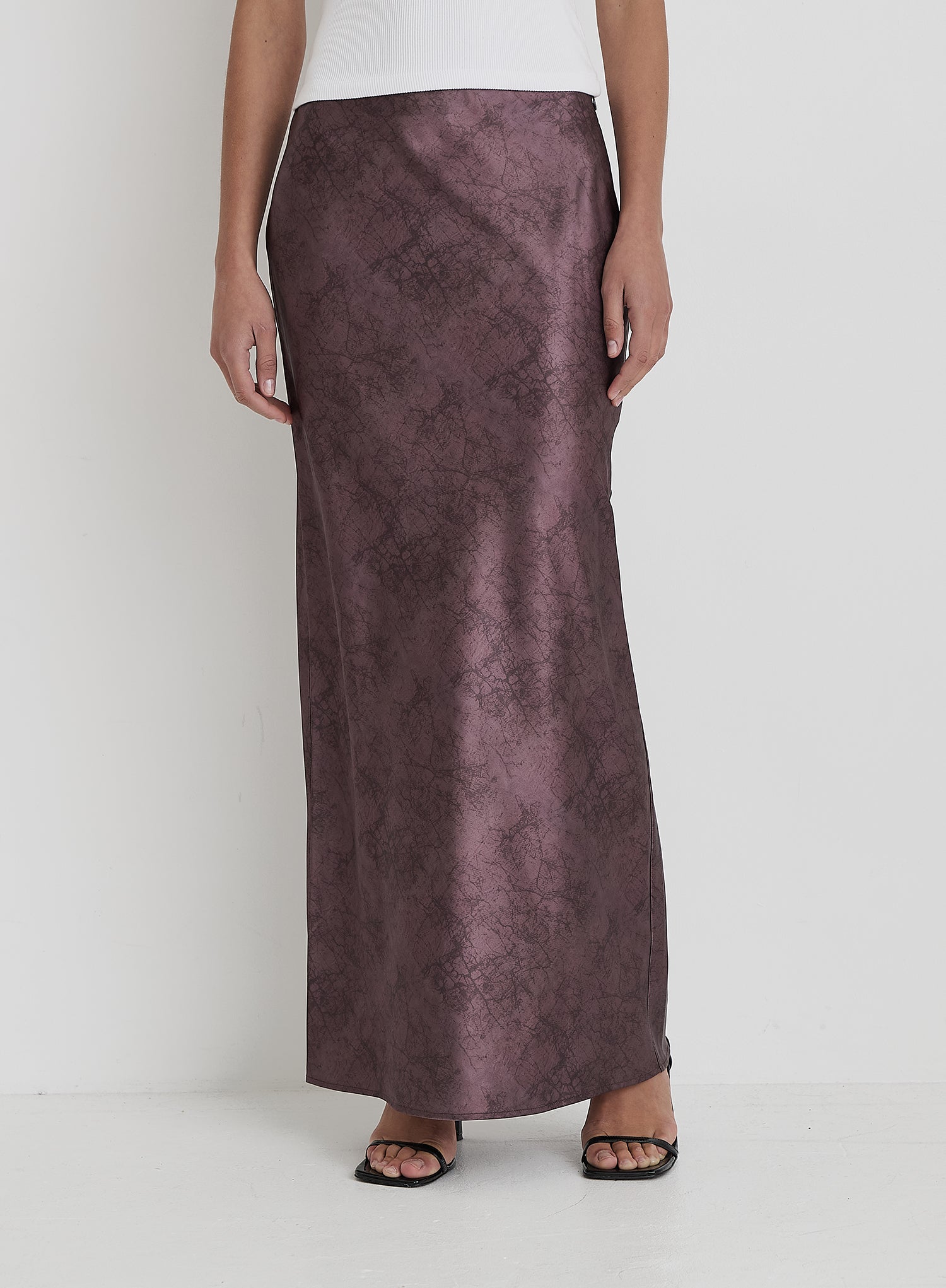 Plum Printed Satin Maxi Skirt